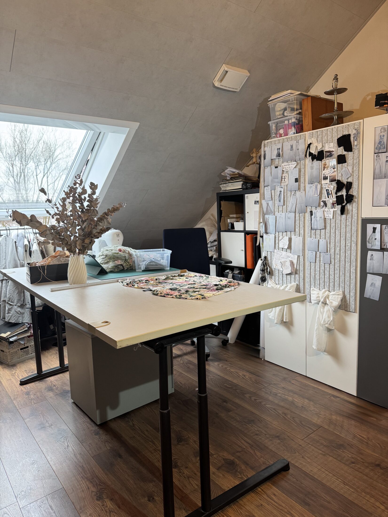 Sewing studio progress photo showing garment construction details